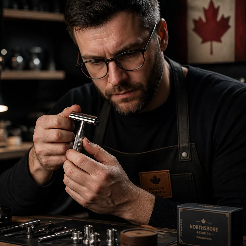 Artisan inspecting high-precision safety razor blades in a workshop